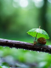 escargot avec un parapluie sur une branche sous la pluie