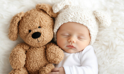 A baby is sleeping with a teddy bear