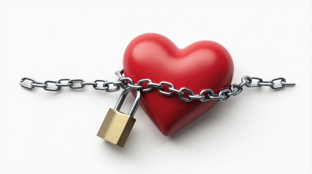A heart-shaped metal object tightly wrapped in chains and locked with a padlock.
