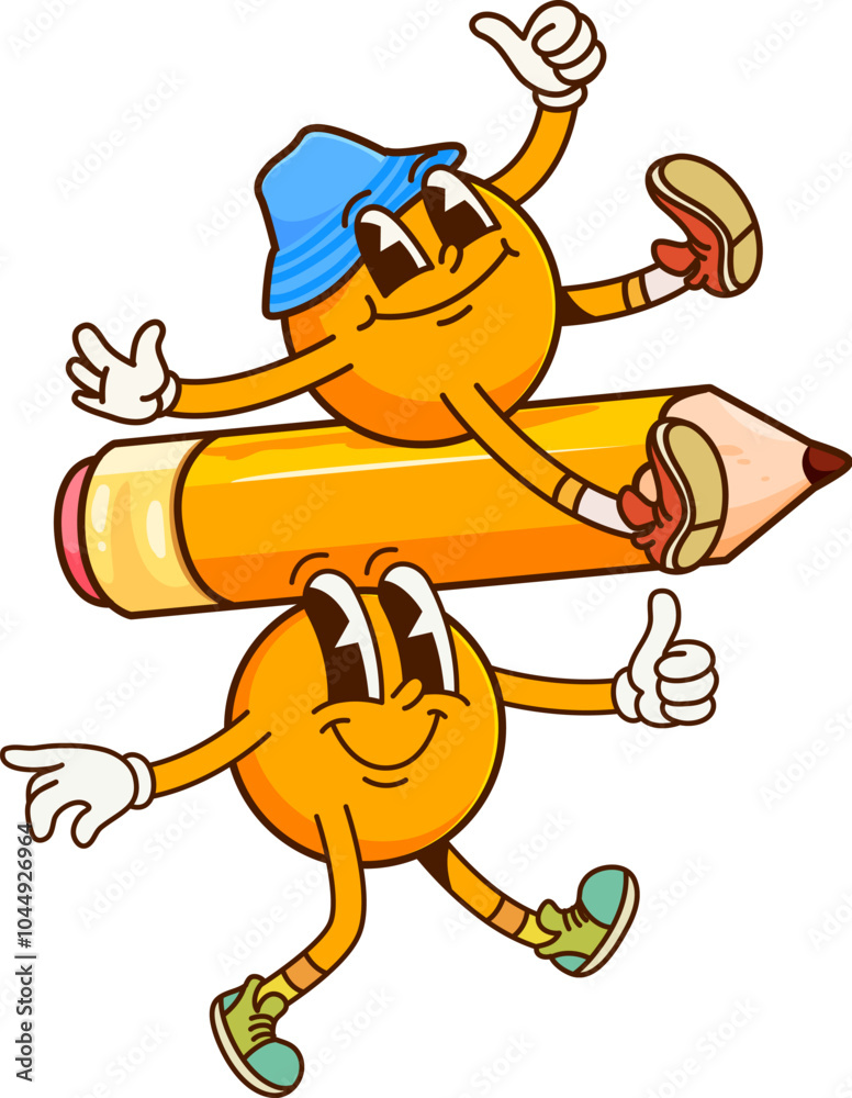 Poster cartoon math division symbol groovy characters engaging in fitness sport activity atop a large penci