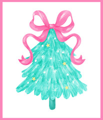 Preppy Christmas Tree with hot pink ribbon bow watercolor hand painting in Pastel Pink and Mint green color