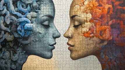 Abstract art of two faces, puzzle-piece brains and neural textures, expressing the intricate emotional and cognitive connections between individuals