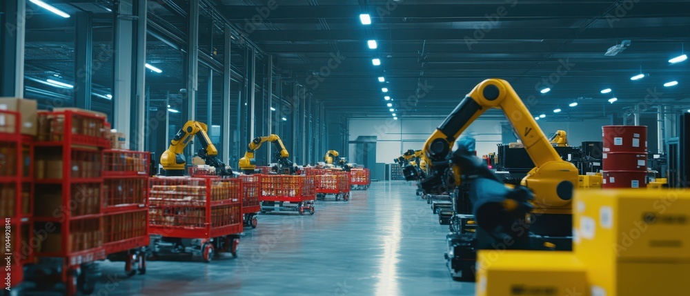 Wall mural A modern warehouse featuring robotic arms organizing items on conveyer systems amidst a bright, industrial environment.