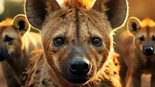 Spotted hyena looking out from its pack at sunset
