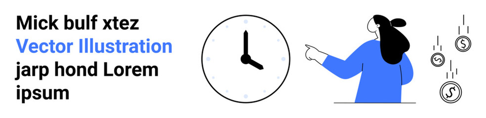 Person pointing at a clock with falling coins around. Placeholder text in blue and black. Ideal for time management, financial planning, business concepts, deadline awareness, productivity tips