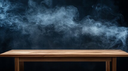 A dark backdrop reveals an empty wooden table with wispy smoke rising above it. This space is perfect for showcasing your products.