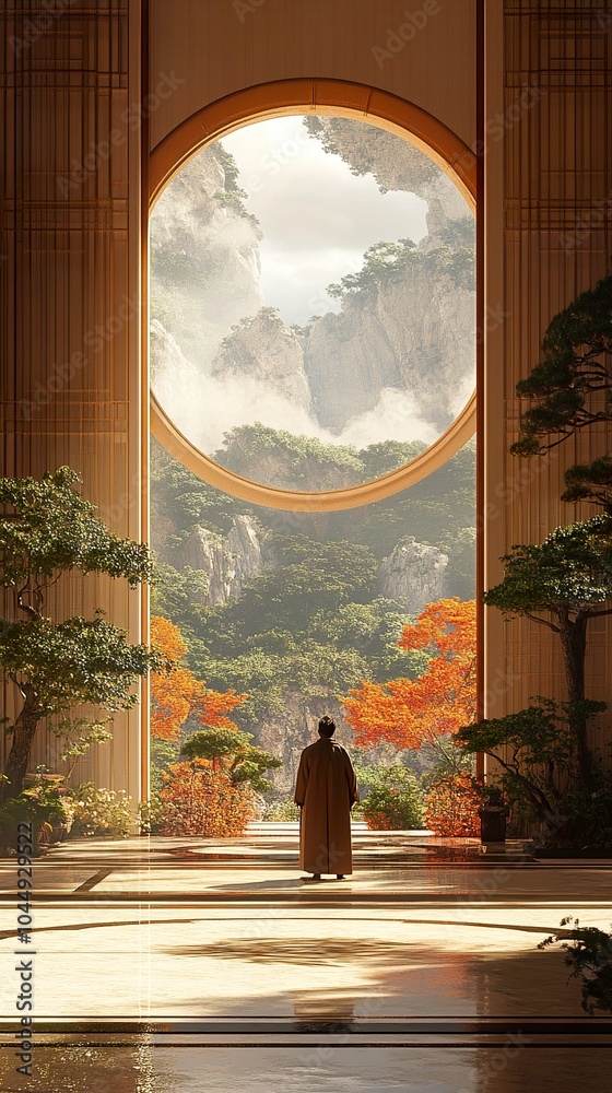 Poster Contemplation Through a Circular Window: A Mountain Landscape