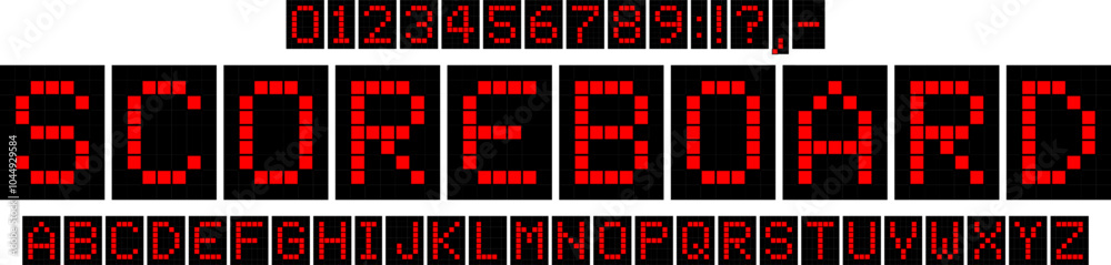 Poster digital scoreboard font with pixel-style letters in red on a black background, evoking classic led d