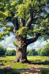 Fototapeta premium A painting of a large tree in the middle of a grassy field