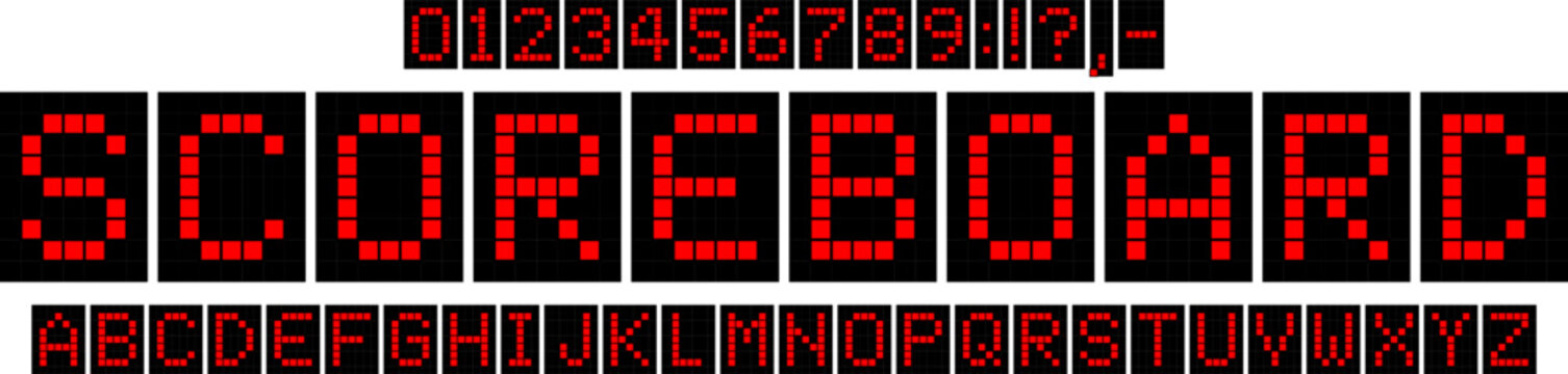 Digital scoreboard font with pixel-style letters in red on a black background, evoking classic LED displays. Perfect for sports branding, digital projects, gaming interfaces. Vector typeset.