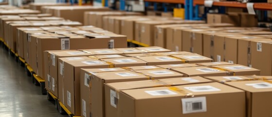 A warehouse filled with neatly stacked cardboard boxes, ready for shipping or storage.