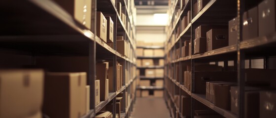 Fototapeta premium A narrow aisle between shelves filled with stacked boxes in a warehouse environment, conveying a sense of organization and storage efficiency.