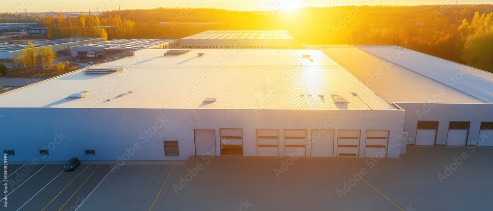 Wall mural aerial view of a modern warehouse at sunset, showcasing its large roof and loading docks with golden