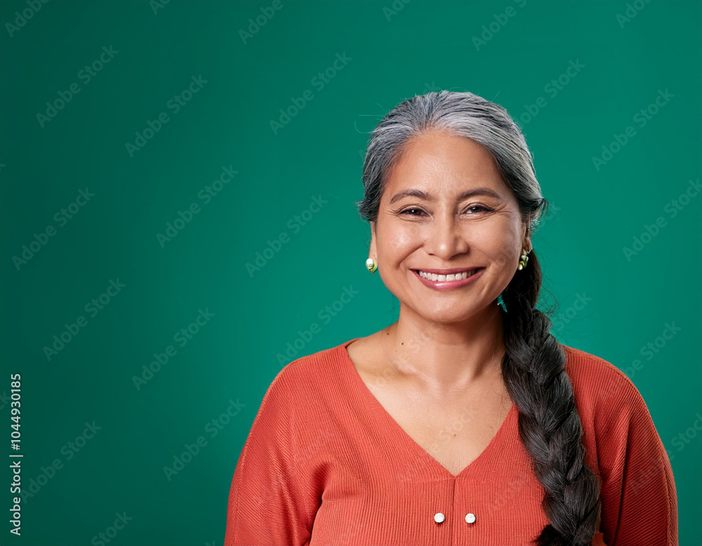 Wall mural Studio Portrait of Mature Teacher Woman Happily Smiling Against Colored Studio Background