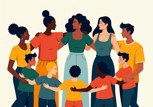 Diverse Family Group Hugging, Unity and Strength