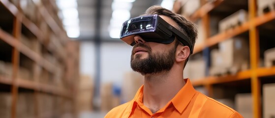 A worker in a warehouse uses virtual reality goggles, exploring a digital environment amidst shelves filled with boxes.
