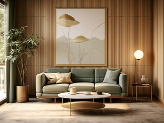Living room interior in modern and classic styles with wooden panneling and bronze decor. Neutral and light colors interior with wooden wall panels.
