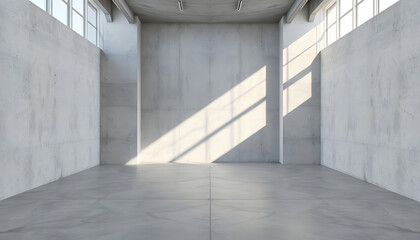 Obraz premium Bright concrete interior with sunlight and empty wall mockup place. Exhibition, art and advertisement concept. 3D Rendering isolated with white highlights, png