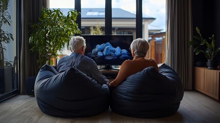Obraz premium Elderly couple watching television together in a cozy living room