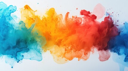 Vibrant splash of colorful smoke creating a striking visual effect on a white background.