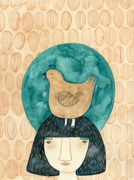 A golden bird on top of the head of a girl