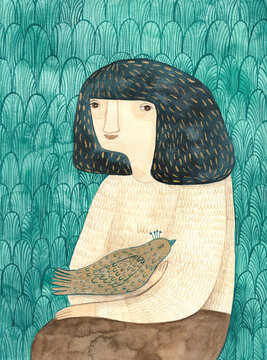 Girl with a golden bird in her lap