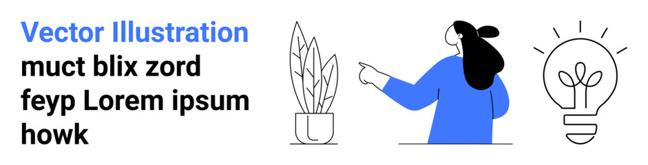 Woman with ponytail pointing at a potted plant and light bulb vector. Ideal for creativity, innovation, ideas, teamwork, workspaces. Banner for landing page
