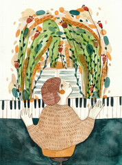 Boy playing piano and plants are coming out from the music