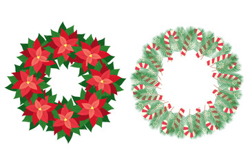 Poinsettia wreath and Pine twigs with Candy Cane and snowflakes Circle Frames in Christmas shades