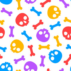 Seamless pattern with colorful halloween skulls and bones