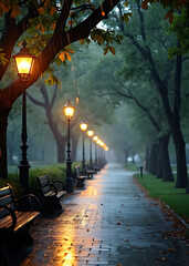 Landscape of picturesque park pathway on a rainy evening with nice color and dramatic style for wall art and print poster for decor 