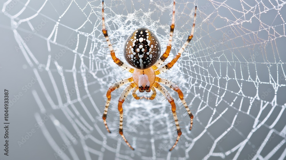 Wall mural intricate spider web with a large spider at the center on a pale grey background generative ai
