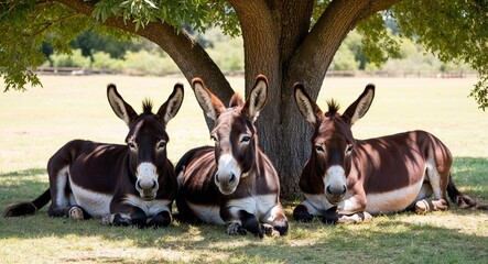 Donkeys resting in the shade of an oak tree background gentle animals enjoying a tranquil moment in a sunny pasture exuding calmness