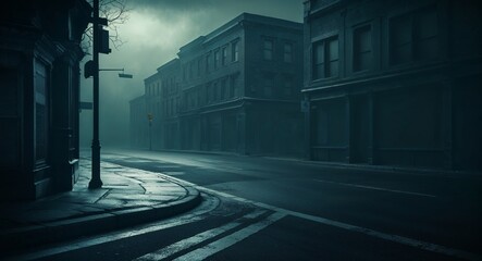 Darkened street corner with an eerie silence background ominous intersection shrouded in darkness evoking a sense of mystery and anticipation