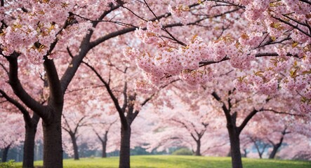 Naklejka premium Delicate cherry blossom trees in full bloom background soft pink petals cascading down creating a dreamy and serene atmosphere