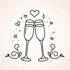 Champagne Toast with Hearts and Sparkles in Minimalist Line Art