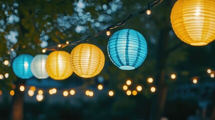 Obraz premium Colorful Lanterns Illuminating a Garden Scene at Night