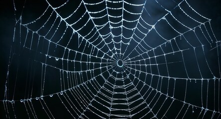 Eerie spider webs glistening in the dark background delicate webs adorned with dew shimmering ominously in low light