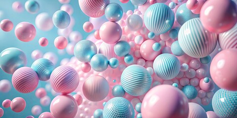 Fototapeta premium A vibrant medley of pastel pink and blue spheres, each with a unique texture, float in a dreamy, ethereal space.