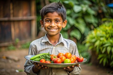 A young boy is holding a plate of vegetables and tomatoes