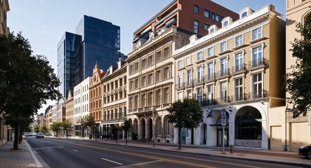Obraz premium Historic architecture contrasting with modern buildings background stunning juxtaposition of old world charm and contemporary designs along the street