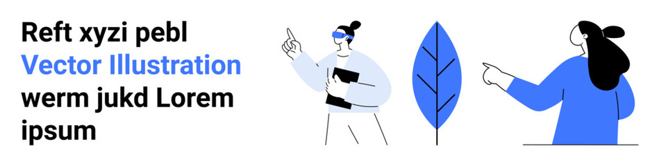 Two cartoon characters are discussing and pointing. Ideal for business coordination, creative brainstorming, idea presentation, team collaboration, educational content. Banner for landing page