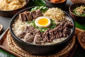 Savory asian beef rice bowl with egg vegetables