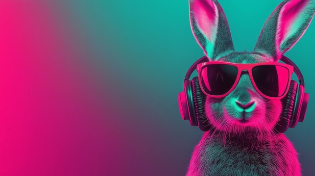 Cool neon party dj rabbit in headphones and sunglasses