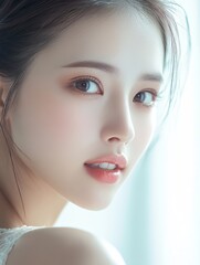 Asian Female Model Looking at the Camera in Bright Space Generative AI
