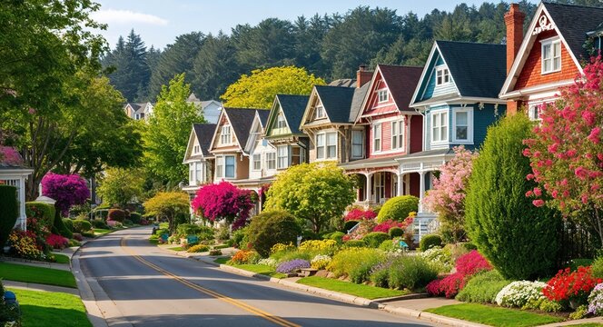 Quiet residential street with charming homes and gardens background picturesque neighborhood filled with unique houses blooming flowers and friendly atmosphere