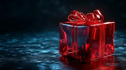 Christmas gift present, transparent glass red gift box on dark background with space for text. Merry Christmas and New Year concept card. Mock up.