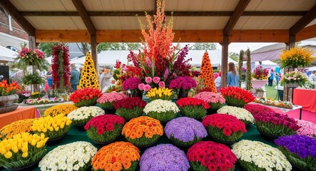 Fototapeta premium Seasonal flower display at a local festival background lively exhibition featuring colorful arrangements celebrating the beauty of flowers in bloom