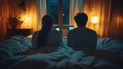Naklejka premium Couple sitting in bed at night, both using smartphones before sleeping