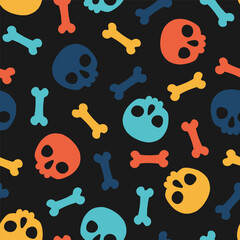 Seamless pattern with colorful skulls and black background